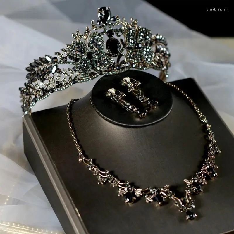 Комплект ожерелья и серег в стиле барокко с цветочным черным кристаллом, свадебный женский винтажный свадебный костюм со стразами, серьги-колье, диадемы, короны