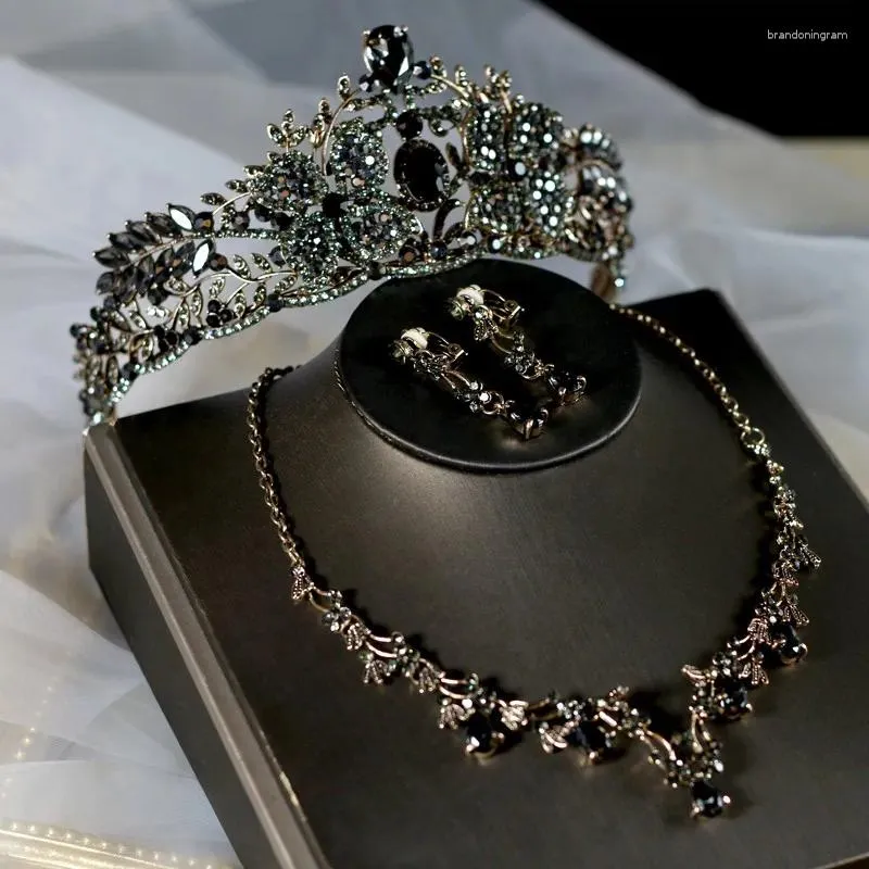 Halsband örhängen set barock blommig svart kristall brud kvinnor vintage bröllop strass kostym choker örhänge tiaras kronor