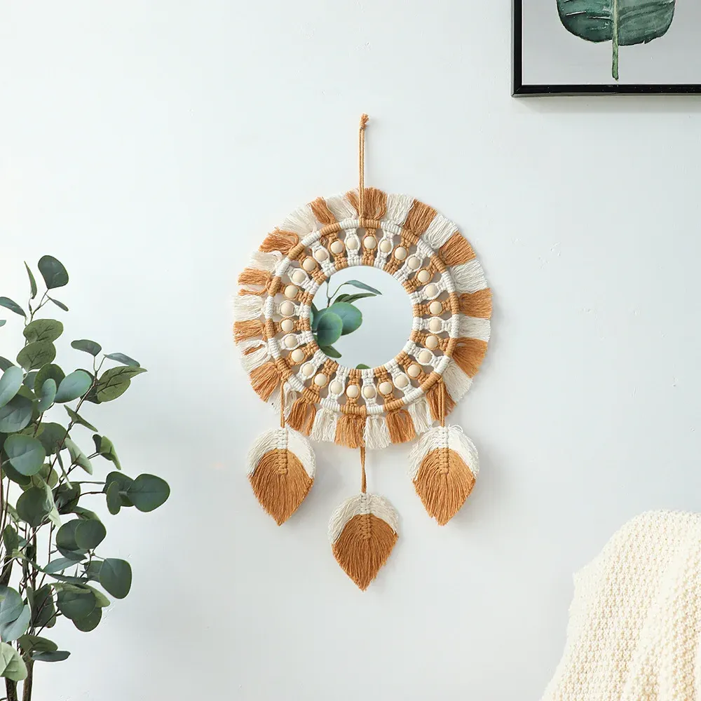 Espelhos 3 folhas espelho redondo parede macrame boho quarto espelhos de parede para sala estar quarto decoração espelho banheiro decoração casa