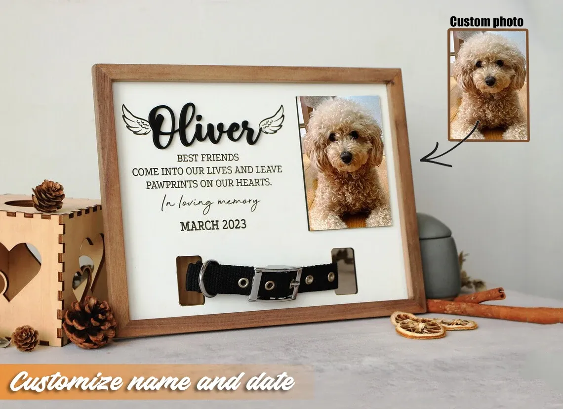 Frame Custom Memorial Pet Photo Frame Wooden Pet Collar Sign Frame Personalized Photo&Text Dog/Cat Pet Loss Sympathy Gift Dropshipping