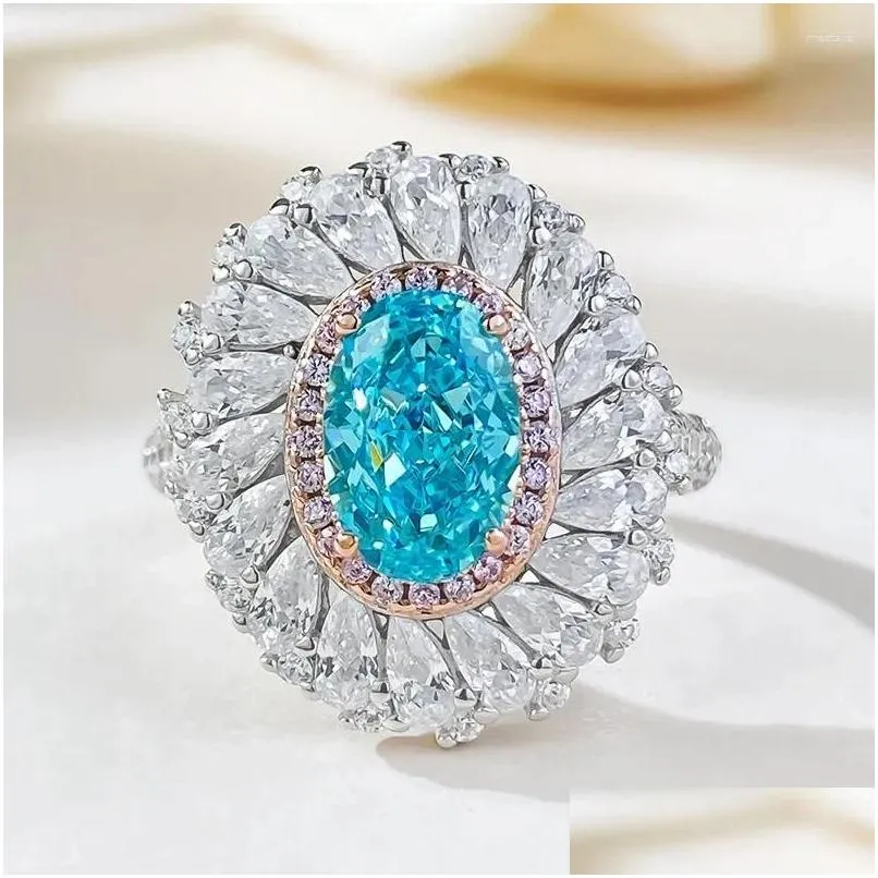 Anéis de cluster S925 Sier Ring 6/9 Blue Zircon incrustado Womens Design Sentido Europeu e Americano Moda Drop Delivery Jóias Otdcb