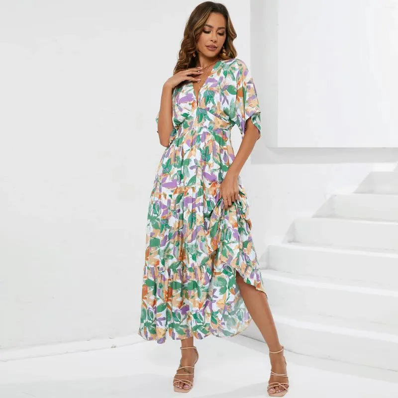 Vestidos de festa Happie Queens Mulheres Floral Imprimir Bat Manga Elástica Cintura Praia Bohemian Lady V Pescoço Verão Maxi Vestido Robe