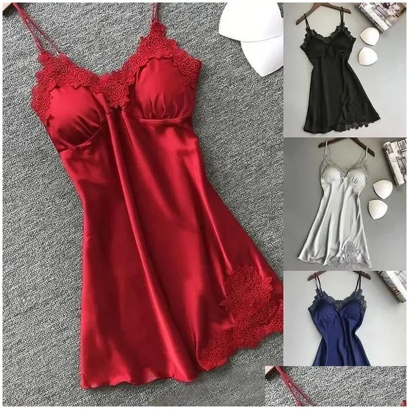 Femmes de nuit Satin pour le cou broderie de soie dames V robe de nuit sans manches vêtements de nuit femmes chemise de nuit Y chemise de nuit nuisettes Drop D Otdib