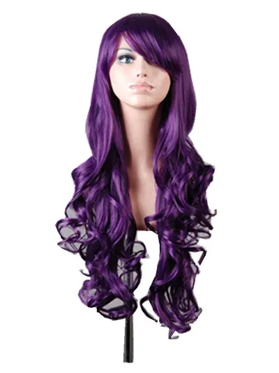 Pelucas Cosplay peluca púrpura FeiShow sintético largo rizado Halloween mujeres pelo azul carnaval disfraz Cosplay flequillo inclinado postizo