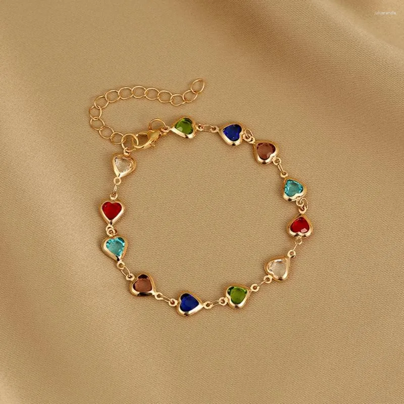 Pulseras de eslabones Accesorio de cristal chapado en oro Corazón Amor Encanto Hecho a mano Joyería de moda colorida para mujeres Adolescentes Niñas