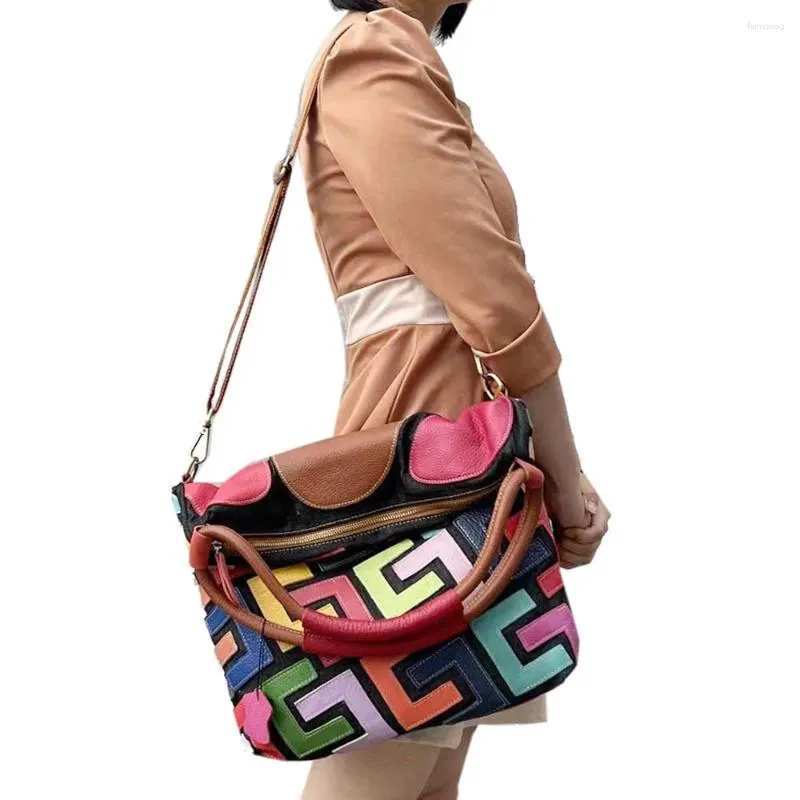 Fourre-tout mode femme multicolore en cuir véritable motifs irréguliers épissage décontracté fourre-tout sacs à main sac à bandoulière sac à bandoulière quotidien