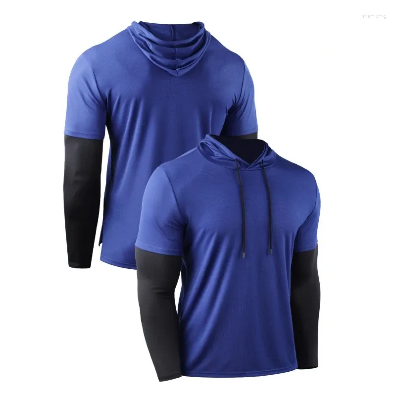 Gym Clothing Fitness T-shirts Male Football Jerseys Bodybuilding Sportswear Fake Two-piece Hoodies Men Hiking Tops Casual Camping