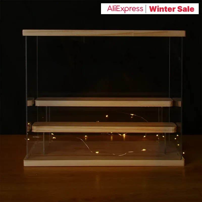 Kosza 25 -poziomowe pudełko akrylowe Display Blind Box Prezentacja światła LED przezroczyste drewniane półki.