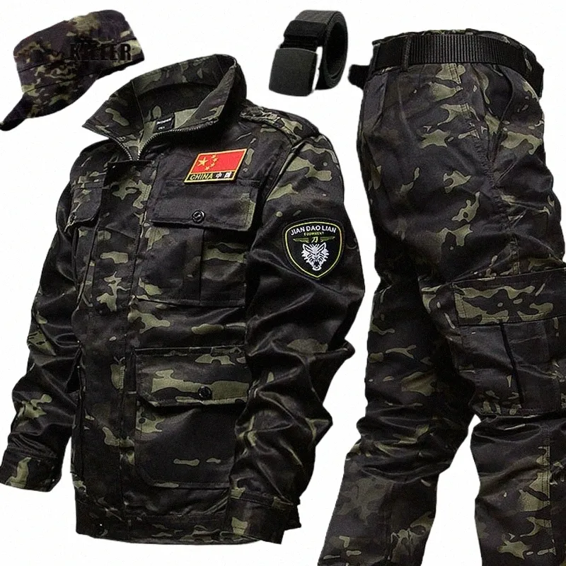 Camoue Military Tactical Sets Men Multi-Pockets Wear-Resistant Combat Jacket+Cargo Pants Outdoor Training Fishing Suits Male 63v9＃