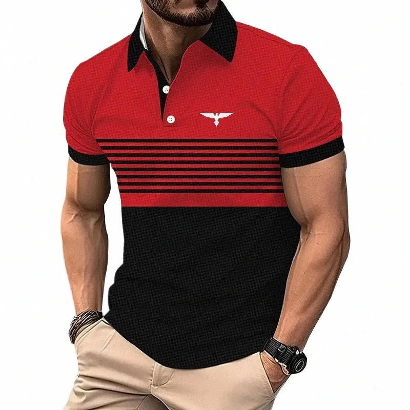 Logo baskı erkekler yaz kısa kollu rahat polo gömlek, erkekler çizgili golf polo gömlek. G02B#