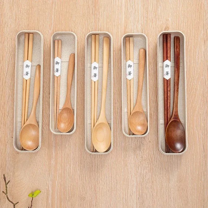 Portable Reusable Spoon Fork Travel Picnic Chopsticks Wheat Straw Tableware Cutlery Set with Carrying Box for Student Office