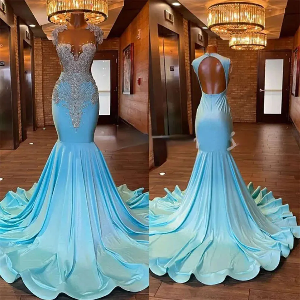 Sparkly Black Girls Prom Sexy Sheer Top Diamond Light Blue African Evening Gowns Open Back Formal Party Dress Elegant Birthday Vestios de Fiesta