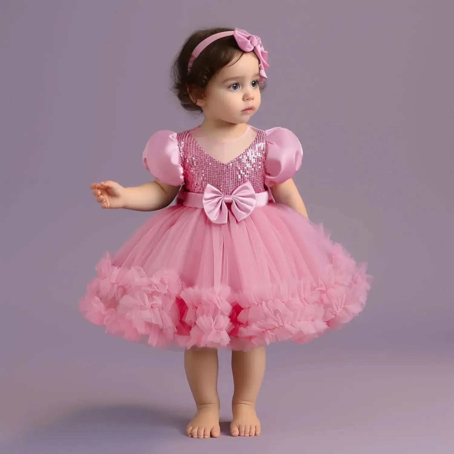 Enfant en bas âge filles 1er anniversaire robes de fête Fuffy paillettes grand arc baptême robe infantile enfants soirée de mariage robe de princesse élégante 240325