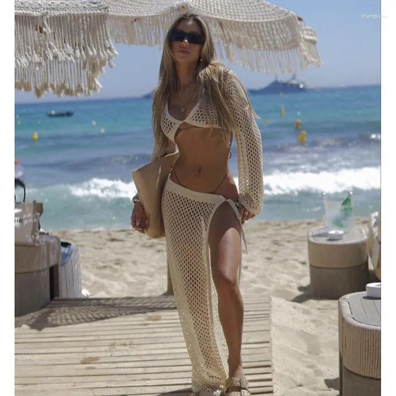 Örtbas örgü seksi bikinis plaj kapağından görün, yaz uzun kollu üst örgü etek iki parçalı içi boş içi elbise