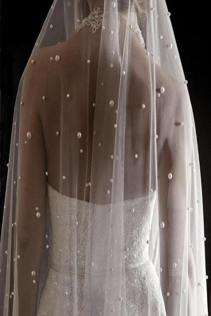 Bridal Veils Wedding Veil With Pearls One Layer Long Cathedral Bride Velos De Noiva Crystal Beaded For White Ivory Metal Comb6436173