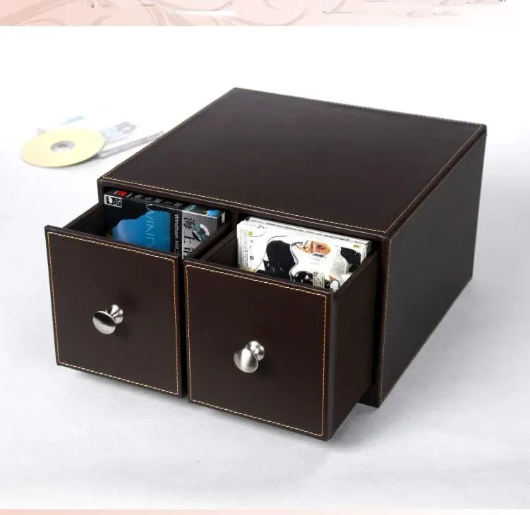 引き出しHorizo​​ntal Home 2Drawer Leather Desk CD/DVD Sundriesコンテナストレージボックスケースオーガナイザーホルダーブラウン226B