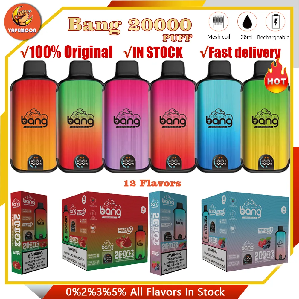 Vape monouso originale Bang 20000 Puff con display digitale bang SMART SCREEN Puff 20K Sigarette elettroniche ricaricabili Bobina a doppia rete 0% 2% 3% 5% 12 colori 18k 15k 12k vaper