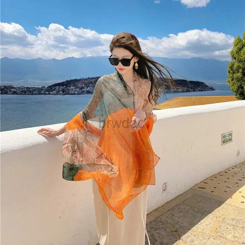 Sarongs New Cool Silk Scarf Womens Thin Yourou Yarn Sunscreen Beach Towel Beach Travel Photo Shawl 24325