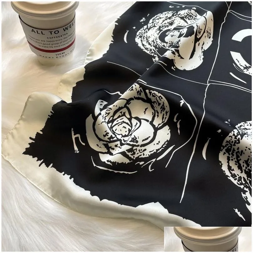 Scarves Black White Designer Letters Print Flower Imitate Silk Scarf Headband For Women Fashion Long Handle Bag Paris Shoder Tote Lage Dhfpe