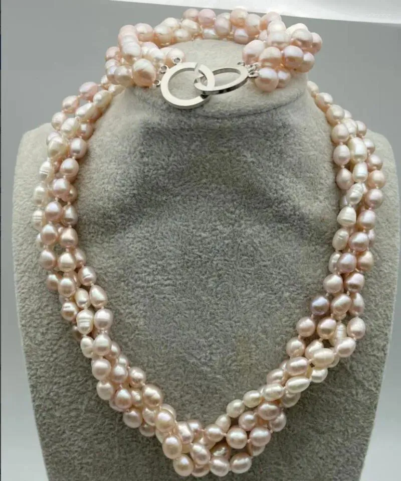 Set di orecchini per collana, braccialetto di perle rosa a forma di riso d'acqua dolce a 4 file