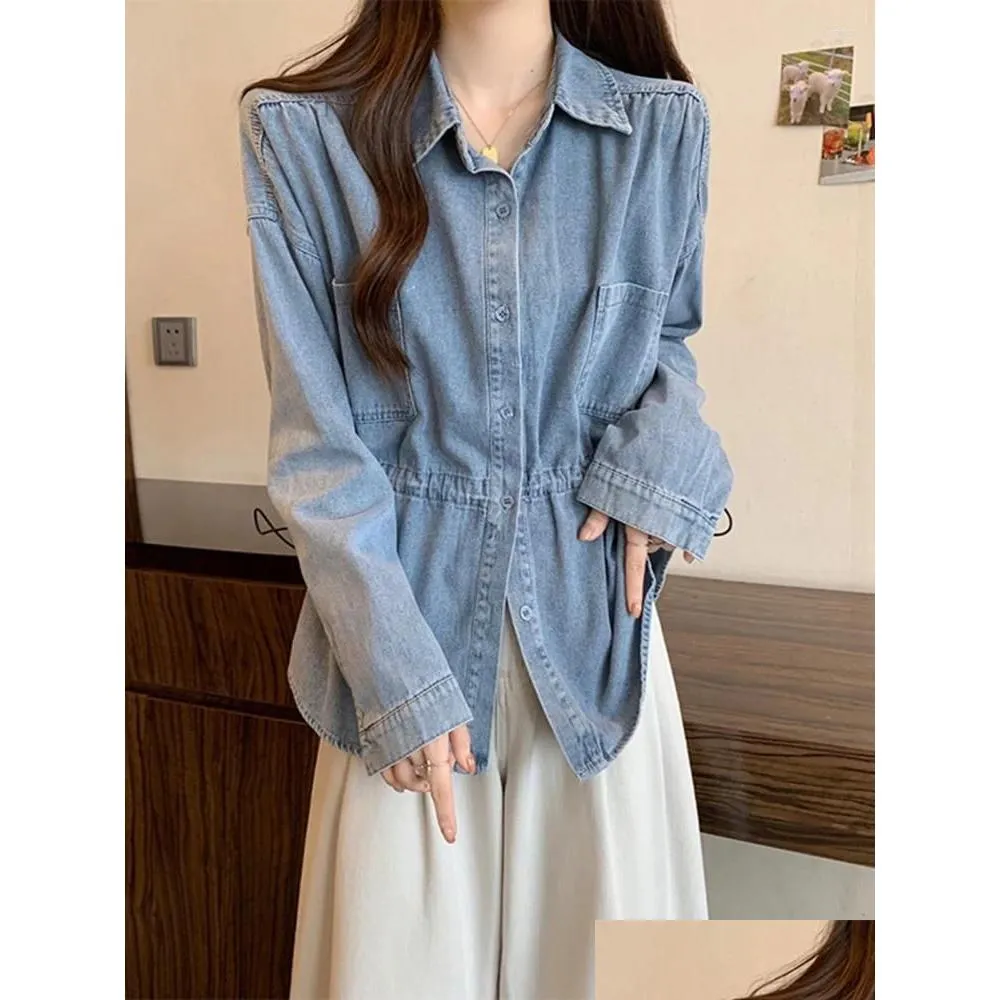 Blouses Femmes Chemises Rétro Femmes Dstring Denim Printemps Lâche Manches Longues Vestes Minces Loisirs Femme Manteaux Drop Livraison Vêtements Tissu Otqcq