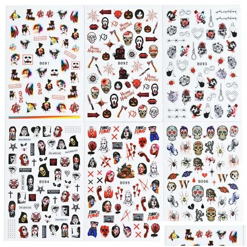 Stickers stickers nagel 12 stuks 3D 2023 Halloween-patroon Diy zelfklevend Scareat Joker Design nagelkunst 9,5-7,5 cm drop-levering gezondheid Dhyrn