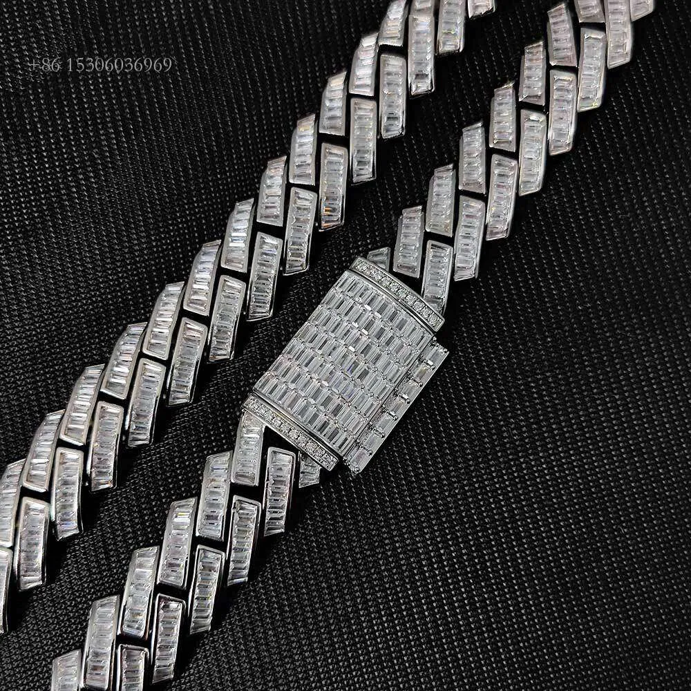 Big 21mm bred Moissanite Baguette Link Chain Hip Hop Jewelry Iced Out Sier VVS Diamond Miami Cuban Necklace