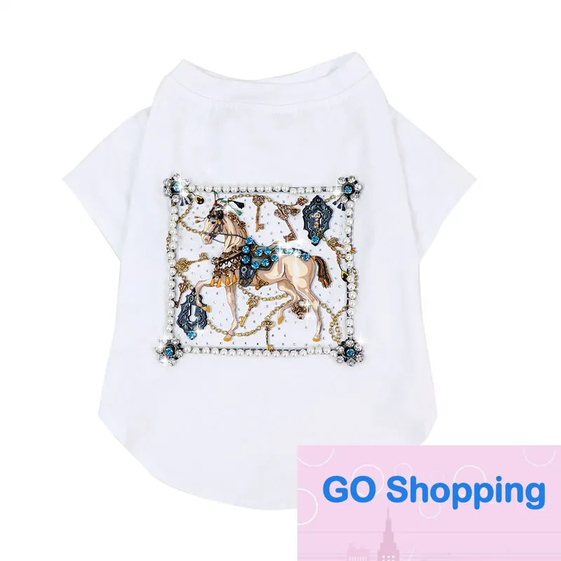 Pet Dog Clothes Summer Medium and Small Dog Schnauzer Clothes Summer Thin T-shirt White Horse Inlaid with Diamond Quatily