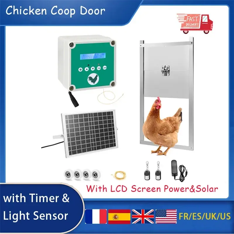 Accessoires Ouvre-porte automatique de poulet avec minuterie, capteur de lumière avec écran LCD, puissance d'énergie solaire, équipement de ferme de poulet Gallina