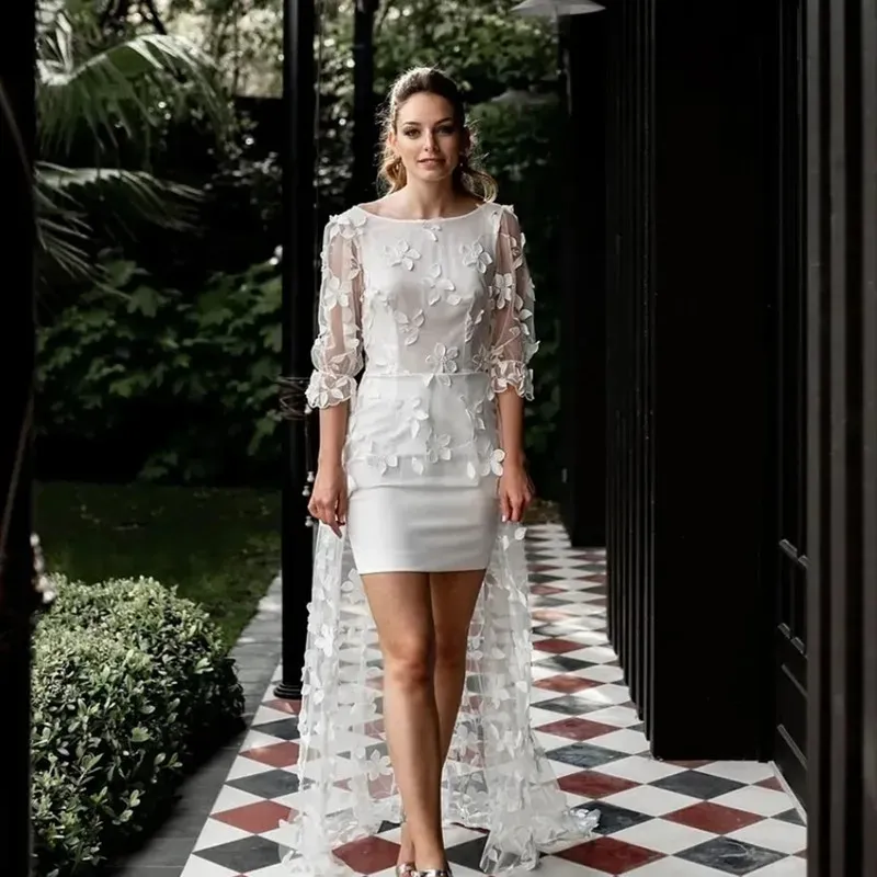 Einfaches kurzes Hochzeitskleid mit Zugspitzen -Applikationen Rückenfreier 3/4 -Ärmeln Strand Boho Brautpartykleider Vestido de Novias Mariage