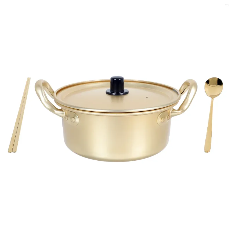 Double chaudières coréens ramen pot poêle cuisine ustensiles de cuisine ustensiles de cuisine non cadré nouilles en aluminium jaune avec oreilles de couverture