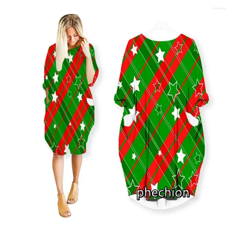 Robes décontractées Phechion Summer Christmas Modèle 3D Imprimer Mode Robe mi-longue Femmes Vêtements Poche À Manches Longues Top W45