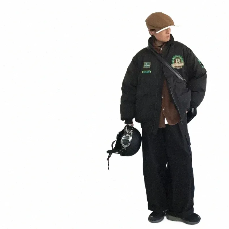 Män Three-Piece Winter Embroidery Stand Collar Pilot Cott Jacket+Loose Work Shirt+Big Pocket Pants Male Suit New Hip Hop Set W6e1#