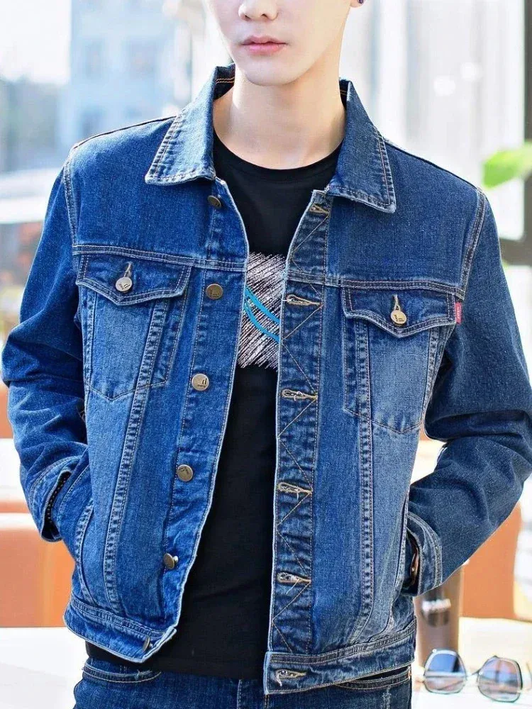 Mens Denim Jacket Short Casual Slim Black Male Jean Coats Button in High Quality Trendy Price Stylish Low Cost Size L 240312