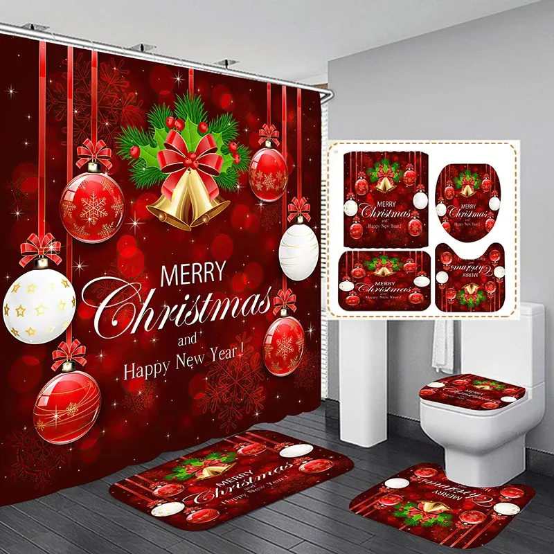 Zasłony Wesołych Świąt Prysznic 3D Wodoodporne Wodoodporna czerwona mata podłogowa Zestaw Toalety