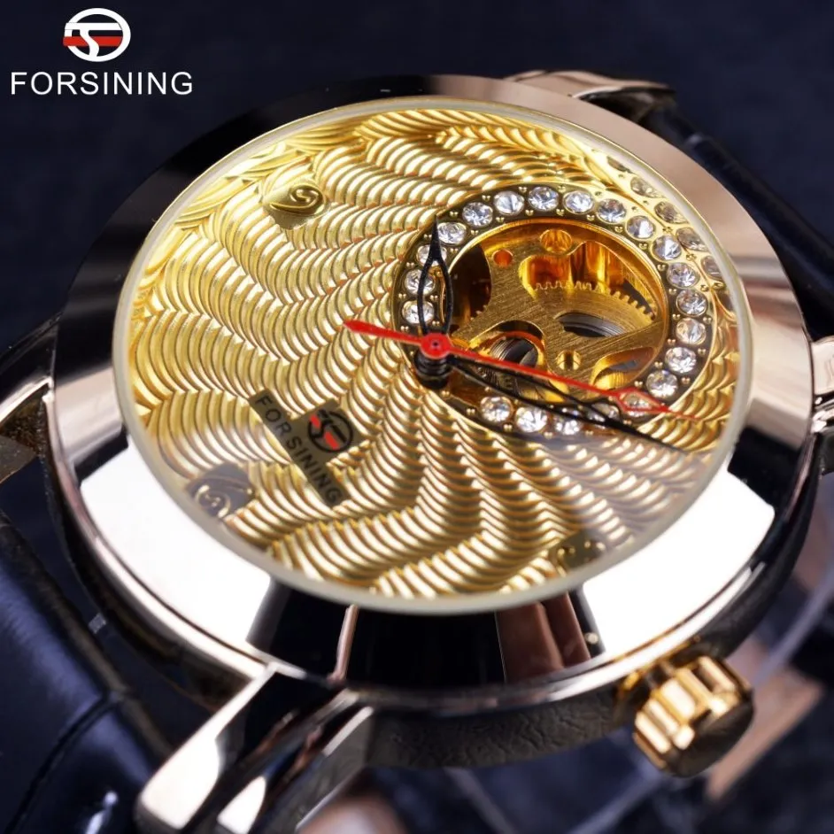 ForSining Golden Luxury Corrugated Designer Mens Watches Top Brand Automatic Luxury Small Dial Diamond Display Skeleton Watch Watc244k