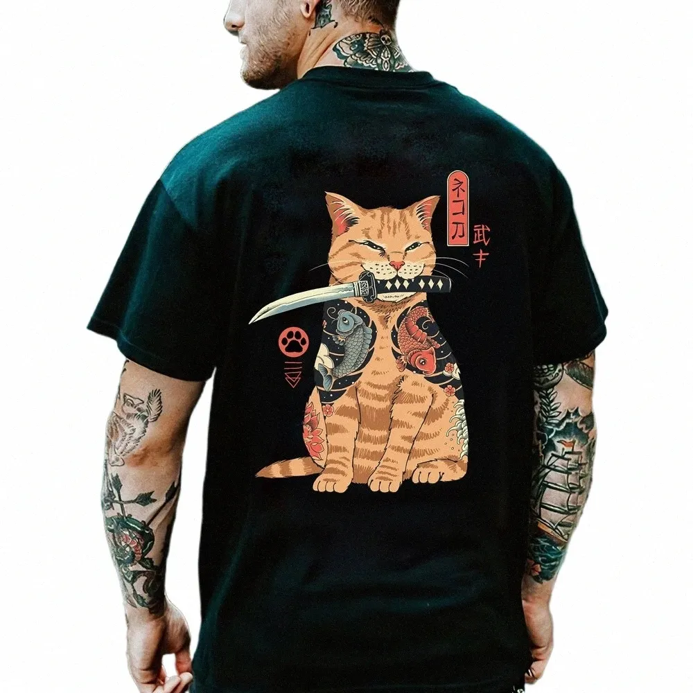 Carto anime samurai katt tryckt t-shirt för män utomhus hiphop harajuku vintage kläder casual o-hals lös kort ärm tees s9a0#