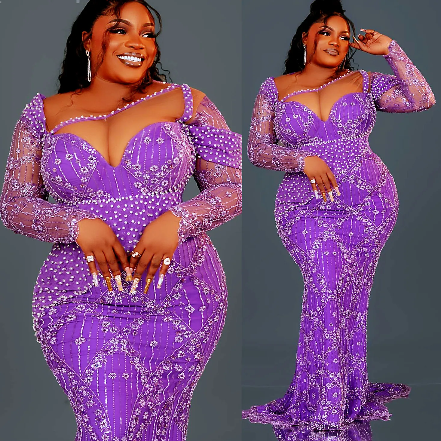 2024 Aso Ebi Plus Taille Lilas Sirène Robe De Bal Perles Cristaux Soirée Formelle Deuxième Réception 50e Anniversaire Robes De Fiançailles Robes Robe De Soirée ZJ63