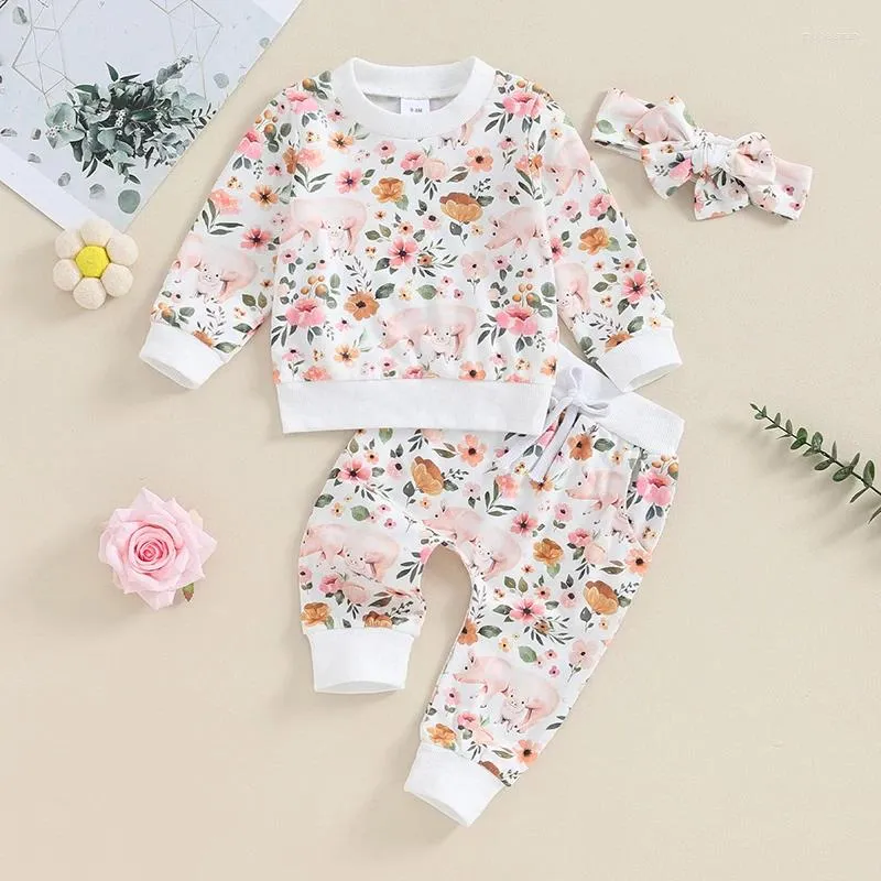Giyim Setleri Bebek Kız Paskalya Kıyafet Çiçek Baskı Sweatshirt Top Drawstring Pantolon Kafa Bandı Seti 2 PCS Bebek Yürümeye Başlayan Giysiler