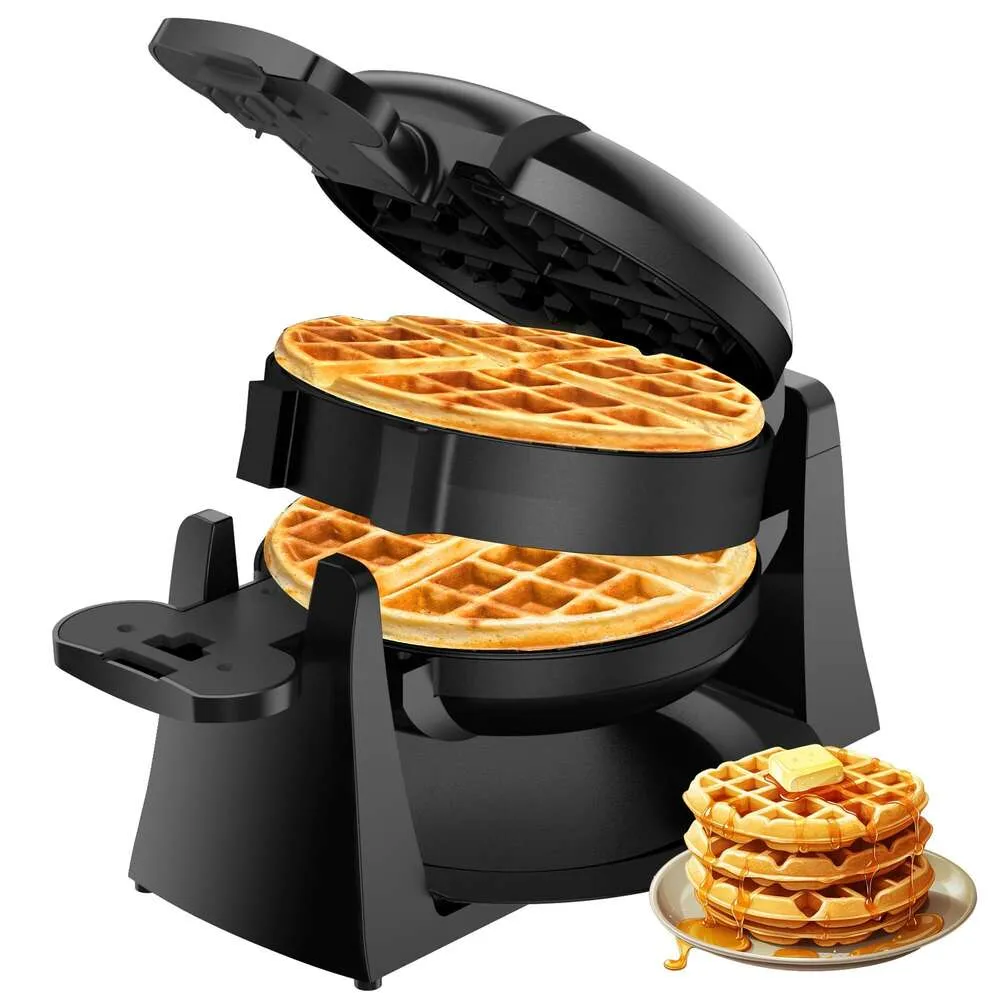 Fabricante de waffle, 1400W Ferro de waffle belga de duas camadas com 180 °, 8 peças, discos rotativos e não bastes, bandeja de gotejamento destacável para facilitar a limpeza, frio