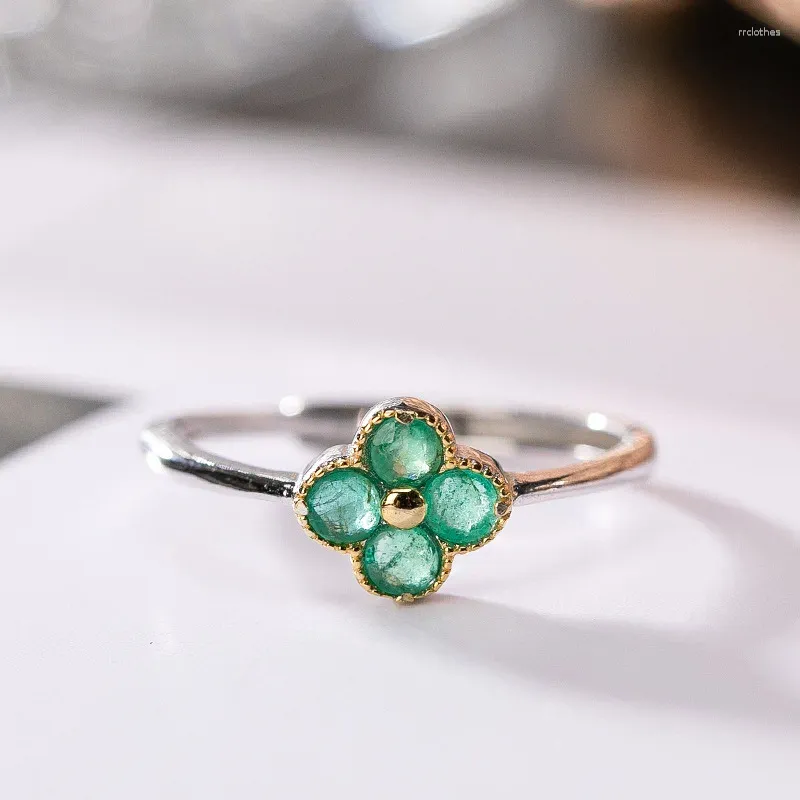 Кольца кластера, модное кольцо из стерлингового серебра 925 пробы с натуральным изумрудным цветком для женщин, ювелирное изделие S925, открытое кольцо с драгоценным камнем, подарок на день рождения