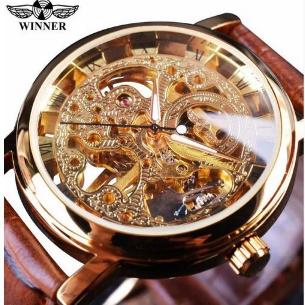 Winner – montre de luxe pour hommes, boîtier doré Transparent, Design décontracté, bracelet en cuir marron, marque de luxe, squelette mécanique, 235Q
