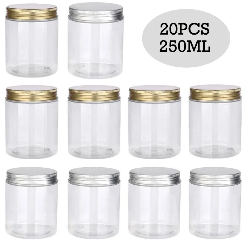 Potten 20 stuks 250 ml doorzichtige lege plastic PET-opslagpot met goud/zilver aluminium deksels cosmetische gezichtscrème voedselcontainer thuisbenodigdheden