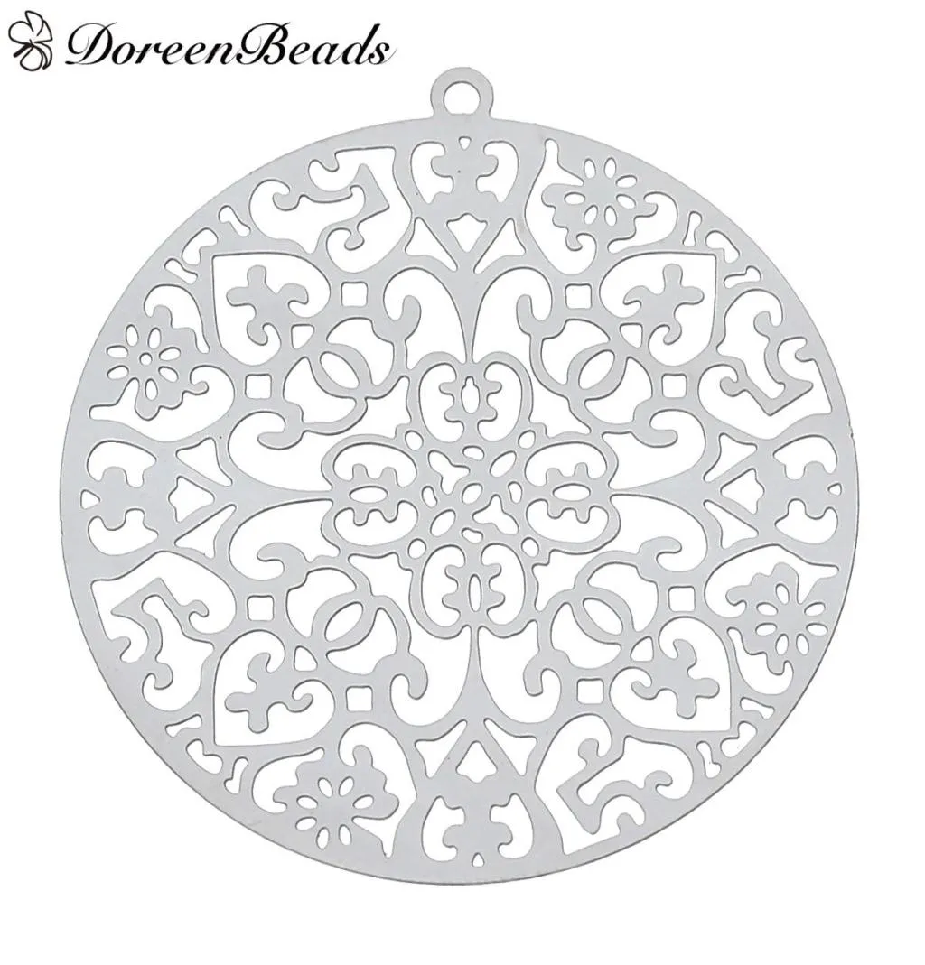 304 Stainless Steel Filigree Stamping Pendants Round Silver Tone Heart Carved Hollow 43mm x 40mm 10 PCs 2016 new je6751143