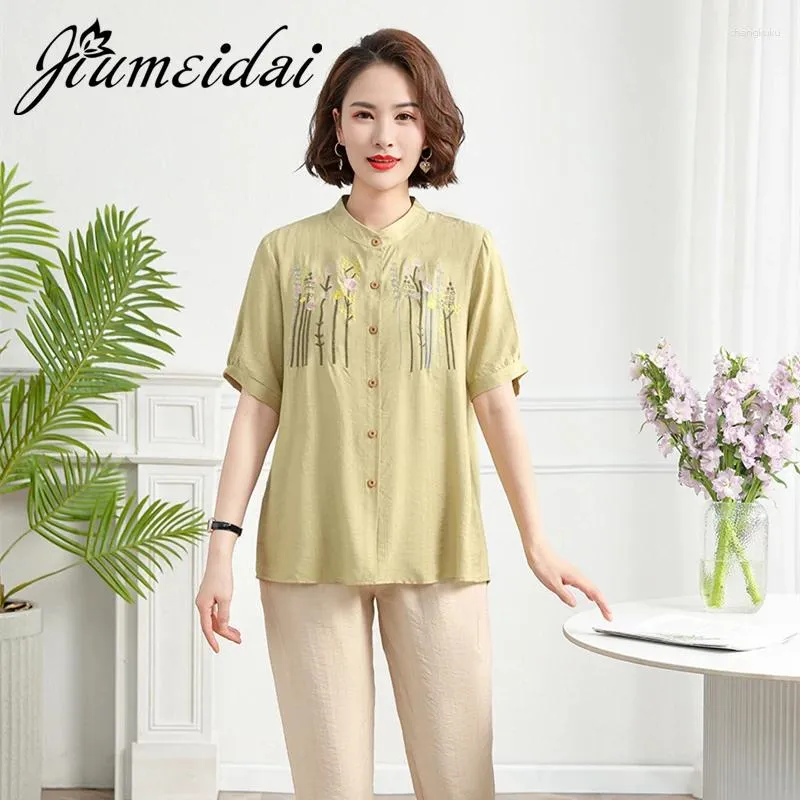 T-shirts pour femmes Jiumeidai 2024 Femmes à broderies florales Tops et chemisiers Summer Femme Retro Short Blouse Fashion Ladies Vêtements