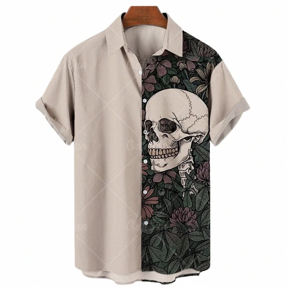 Estate Hawaiian Skull uomo coreano floreale camicia casual manica corta Harajuku digitale 3D stampa oversize importato abbigliamento d5XG #