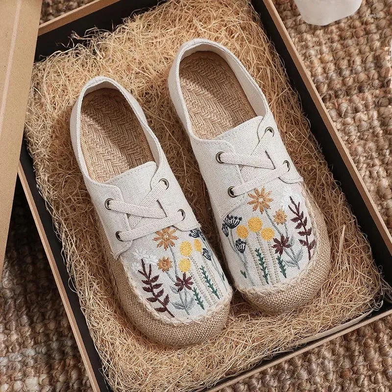 Casual Shoes Careaymade- Flats Women Embroider Retro Lace-up Round Toe Cotton Linen Handmade Concise Comfortable Ladies