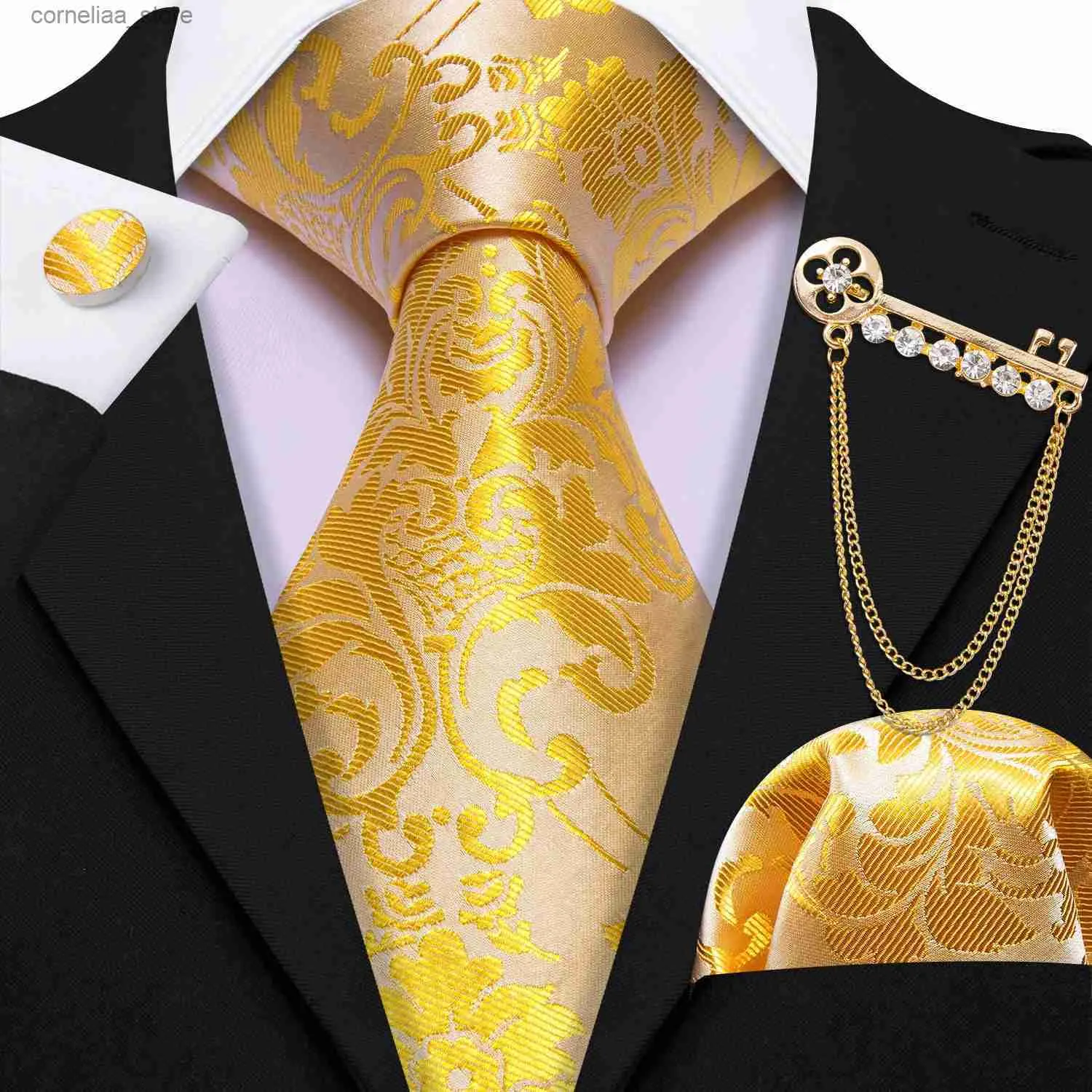 Cravatte Cravatte Designer Oro Giallo Seta Cravatta da uomo Hanky Gemelli Spilla Set Jacquard Cravatta per uomo Matrimonio Eventi aziendali Barry.Wang Y240325