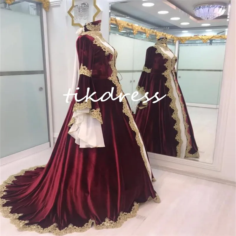 VIntage Burgundy Green Kaftan Evening Dresses 2024 Long Sleeves Gold Lace Velvet Prom Dress O Neck Turkey Formal Party Gowns Mariage vestidos de fiesta elegantes