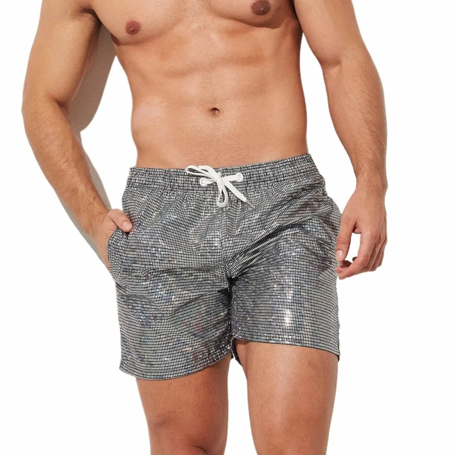 Heren Trend Ademend Glanzend Metallic Print Losse strandbroek Trekkoord Casual joggingbroek Herenshorts Mannelijke kleding Strand tiki y3UY#